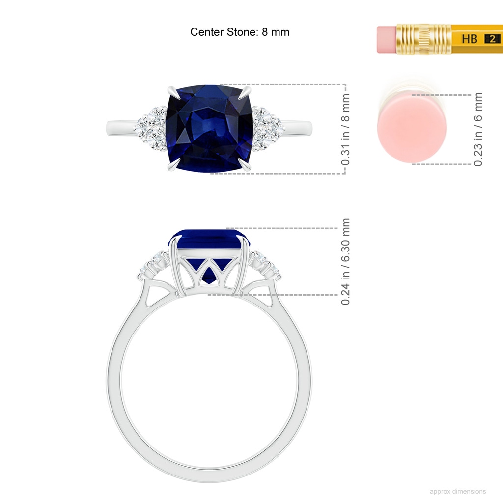 8mm AAA Cushion Blue Sapphire Engagement Ring with Trio Diamonds in White Gold ruler