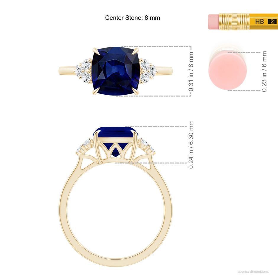 8mm AAA Cushion Blue Sapphire Engagement Ring with Trio Diamonds in Yellow Gold ruler