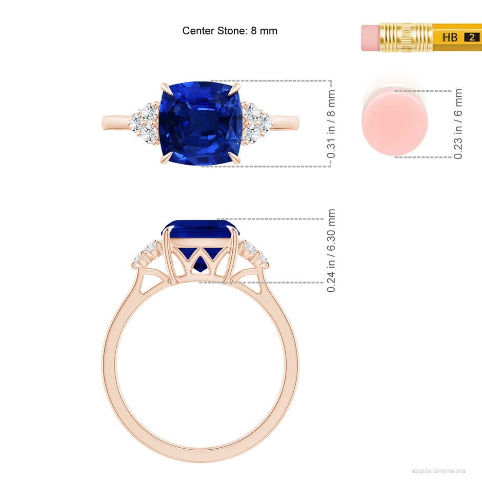 8mm Lab-Grown Cushion Blue Sapphire Engagement Ring with Trio Diamonds in 9K Rose Gold ruler