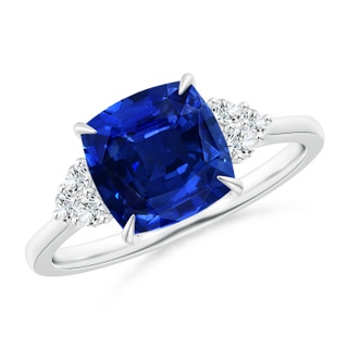 8mm AAAA Cushion Blue Sapphire Engagement Ring with Trio Diamonds in P950 Platinum