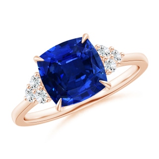 8mm AAAA Cushion Blue Sapphire Engagement Ring with Trio Diamonds in Rose Gold
