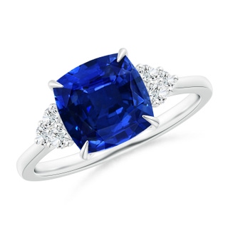 8mm Lab-Grown Cushion Blue Sapphire Engagement Ring with Trio Diamonds in White Gold