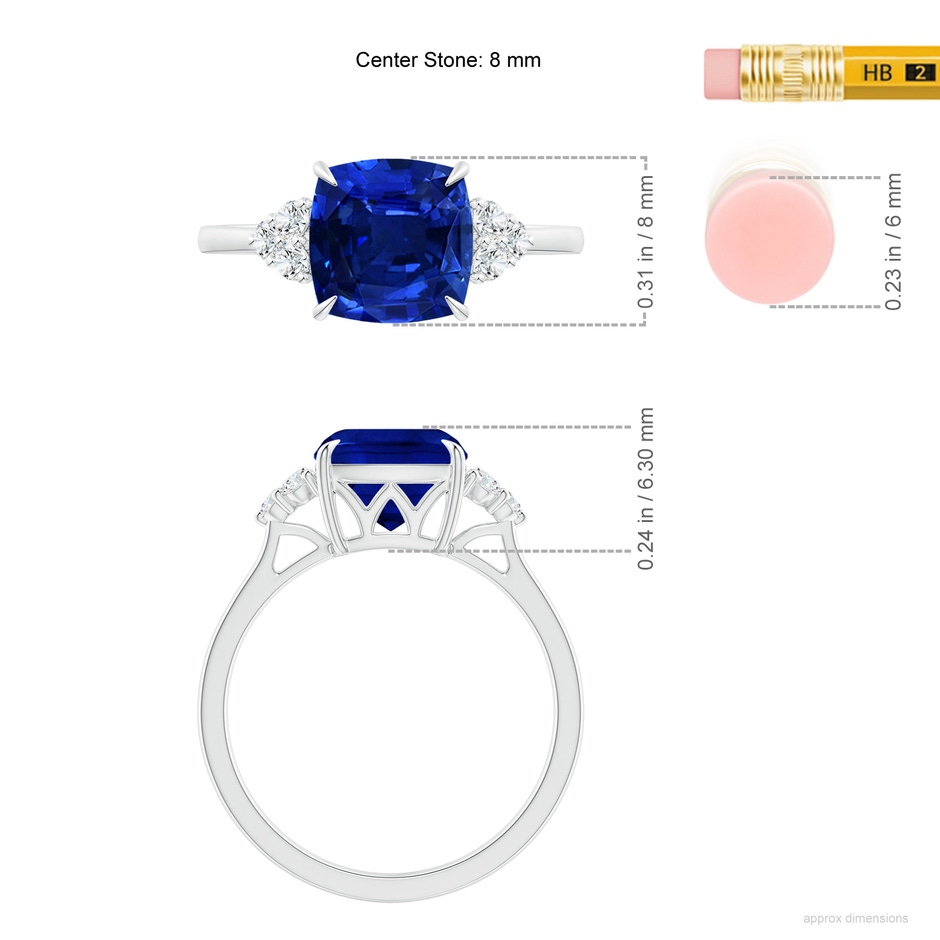 8mm Lab-Grown Cushion Blue Sapphire Engagement Ring with Trio Diamonds in White Gold ruler