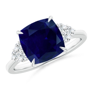 9mm AA Cushion Blue Sapphire Engagement Ring with Trio Diamonds in P950 Platinum