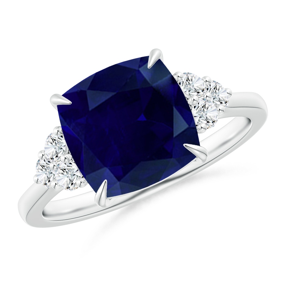 9mm AA Cushion Blue Sapphire Engagement Ring with Trio Diamonds in P950 Platinum 
