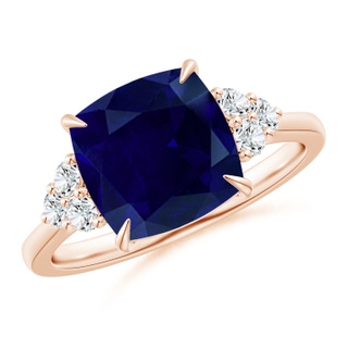 9mm AA Cushion Blue Sapphire Engagement Ring with Trio Diamonds in Rose Gold