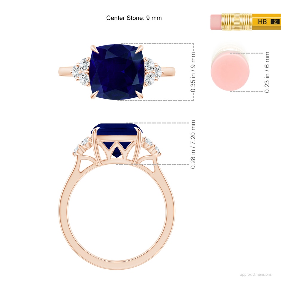 9mm AA Cushion Blue Sapphire Engagement Ring with Trio Diamonds in Rose Gold ruler