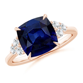9mm AAA Cushion Blue Sapphire Engagement Ring with Trio Diamonds in 9K Rose Gold