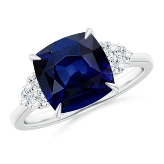 9mm AAA Cushion Blue Sapphire Engagement Ring with Trio Diamonds in P950 Platinum