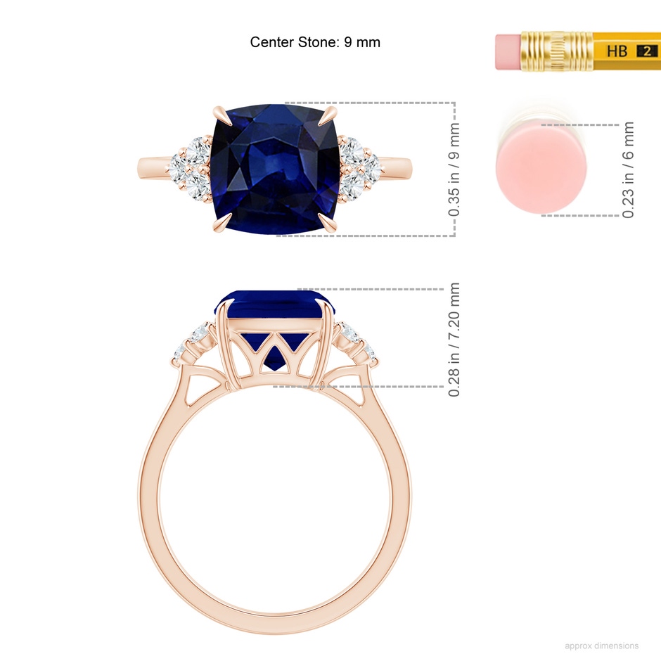 9mm AAA Cushion Blue Sapphire Engagement Ring with Trio Diamonds in Rose Gold ruler