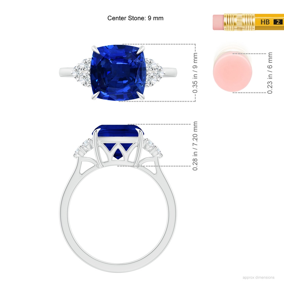 9mm Lab-Grown Cushion Blue Sapphire Engagement Ring with Trio Diamonds in 9K White Gold ruler