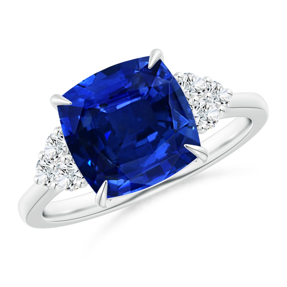9mm AAAA Cushion Blue Sapphire Engagement Ring with Trio Diamonds in P950 Platinum 