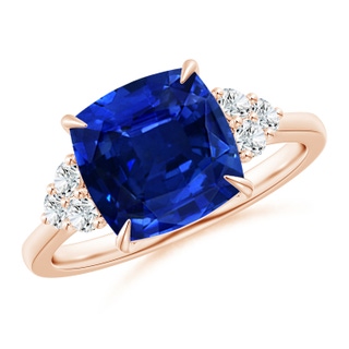 9mm AAAA Cushion Blue Sapphire Engagement Ring with Trio Diamonds in Rose Gold