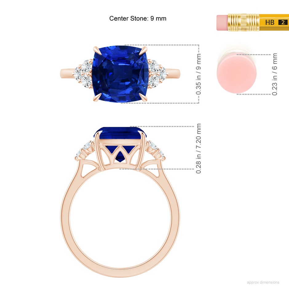 9mm AAAA Cushion Blue Sapphire Engagement Ring with Trio Diamonds in Rose Gold ruler