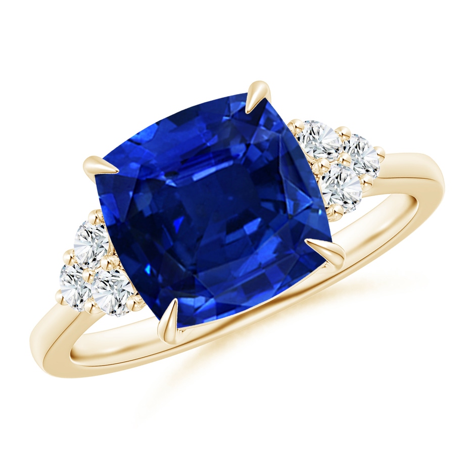 9mm Lab-Grown Cushion Blue Sapphire Engagement Ring with Trio Diamonds in Yellow Gold 
