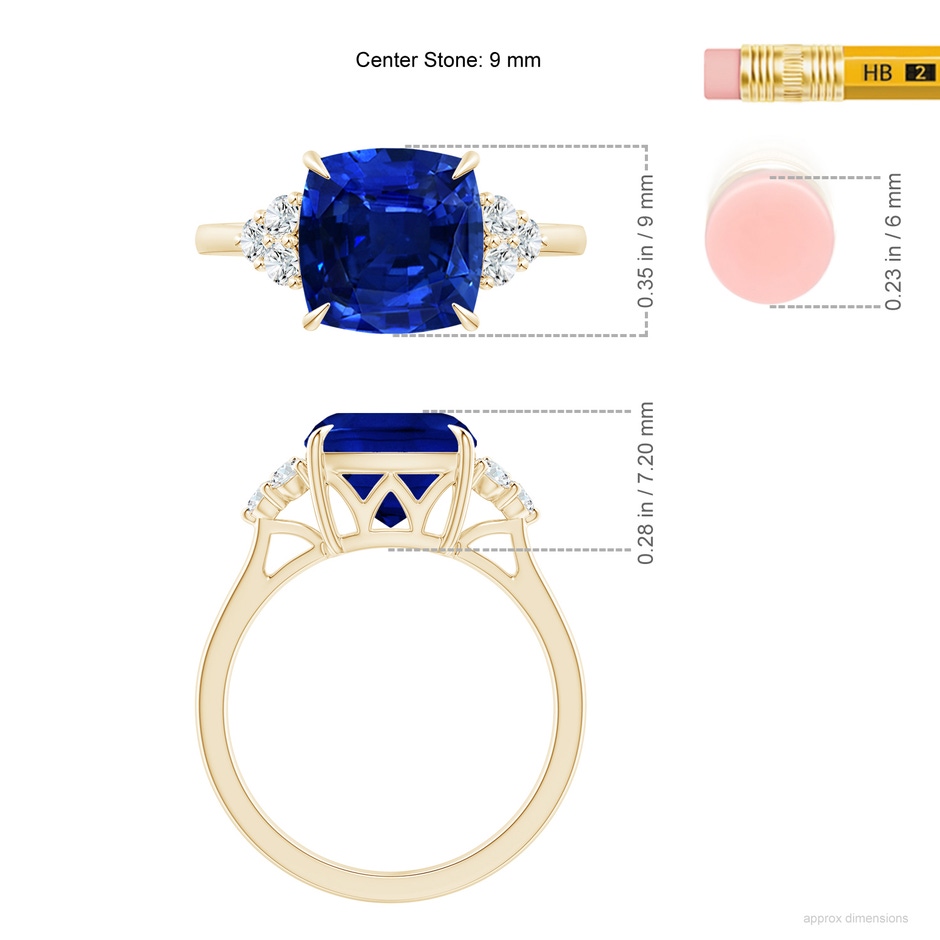9mm Lab-Grown Cushion Blue Sapphire Engagement Ring with Trio Diamonds in Yellow Gold ruler