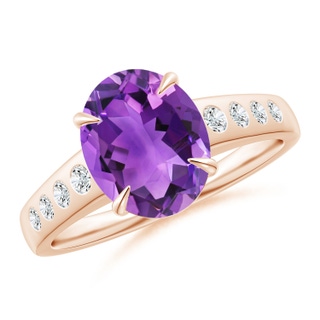 10x8mm AAA Oval Amethyst Ring with Flush-Set Diamonds in Rose Gold