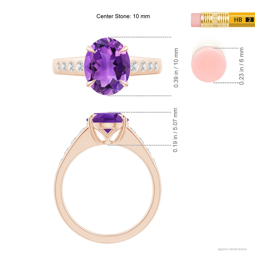 10x8mm AAA Oval Amethyst Ring with Flush-Set Diamonds in Rose Gold Ruler