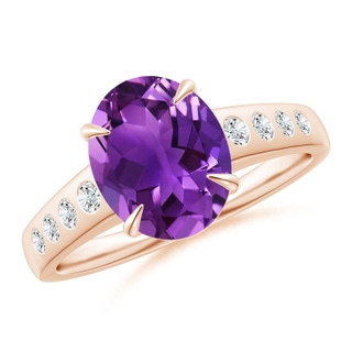 10x8mm AAAA Oval Amethyst Ring with Flush-Set Diamonds in Rose Gold
