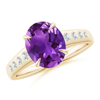 10x8mm AAAA Oval Amethyst Ring with Flush-Set Diamonds in Yellow Gold