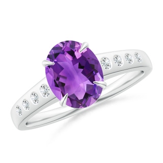 9x7mm AAA Oval Amethyst Ring with Flush-Set Diamonds in White Gold