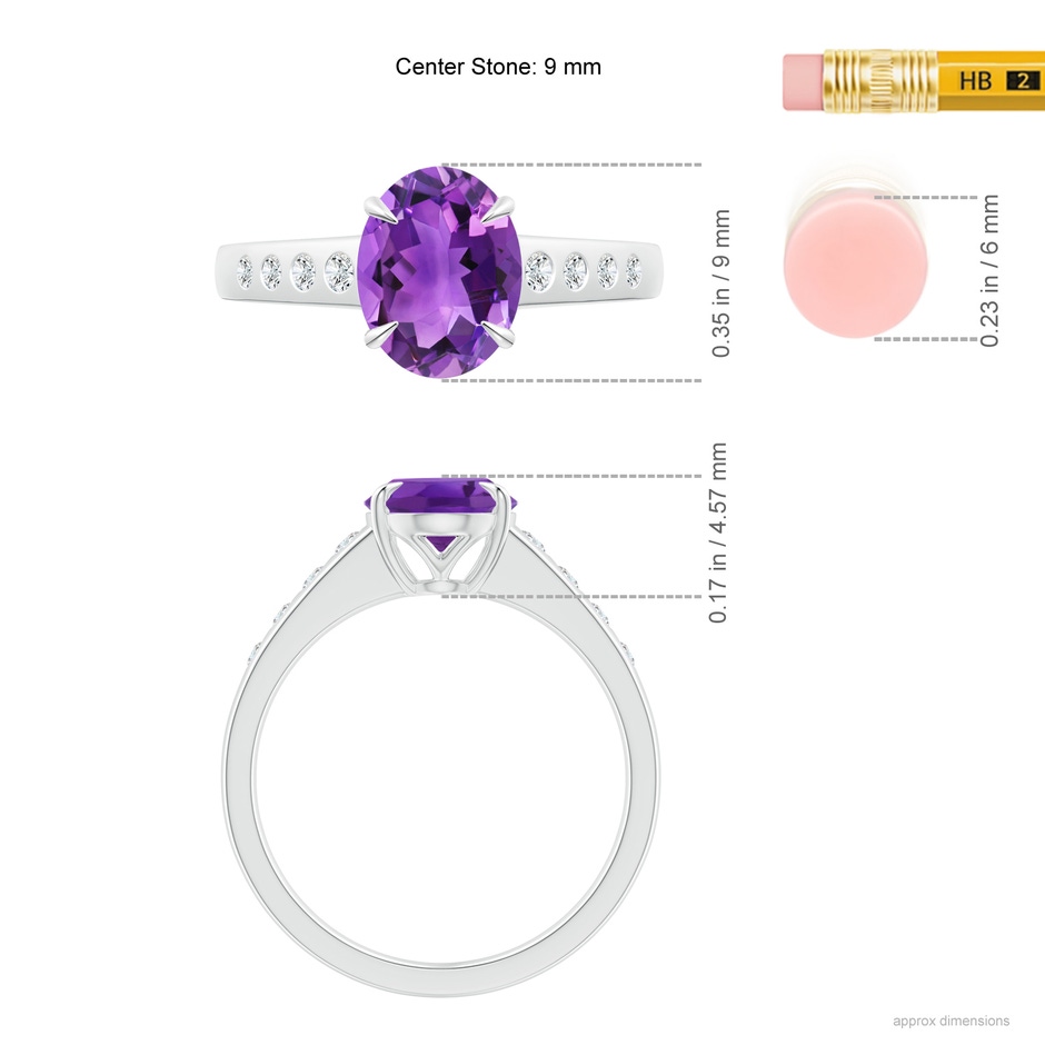 9x7mm AAA Oval Amethyst Ring with Flush-Set Diamonds in White Gold ruler