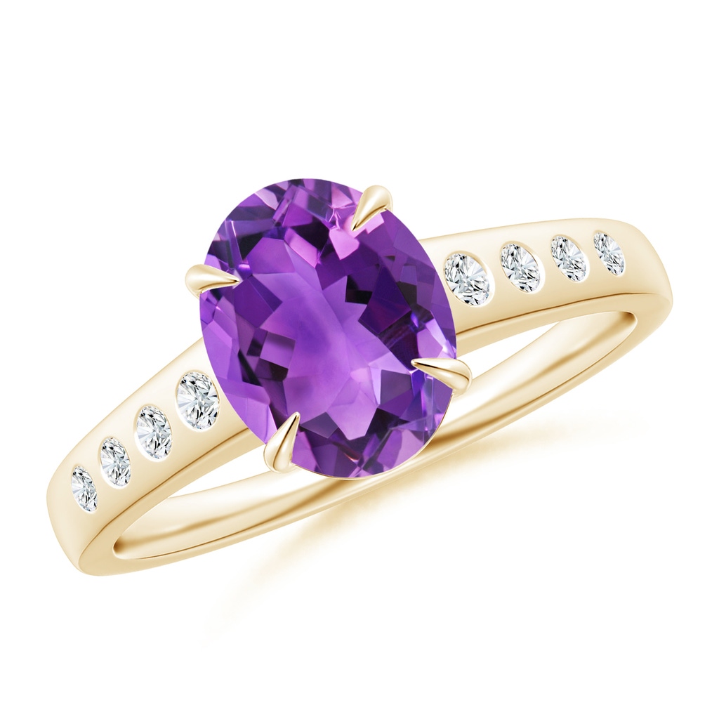 9x7mm AAA Oval Amethyst Ring with Flush-Set Diamonds in Yellow Gold