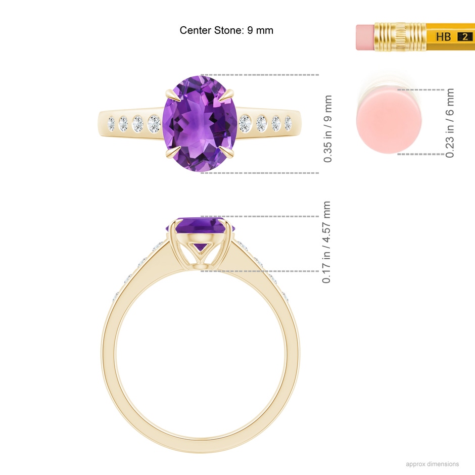 9x7mm AAA Oval Amethyst Ring with Flush-Set Diamonds in Yellow Gold ruler