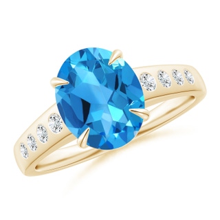 10x8mm AAAA Oval Swiss Blue Topaz Ring with Flush-Set Diamonds in Yellow Gold