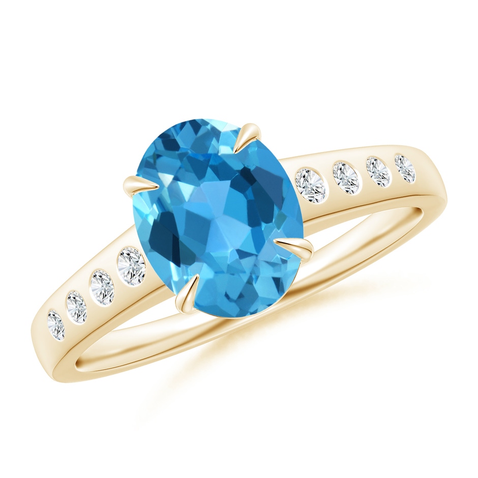 9x7mm AAA Oval Swiss Blue Topaz Ring with Flush-Set Diamonds in Yellow Gold 