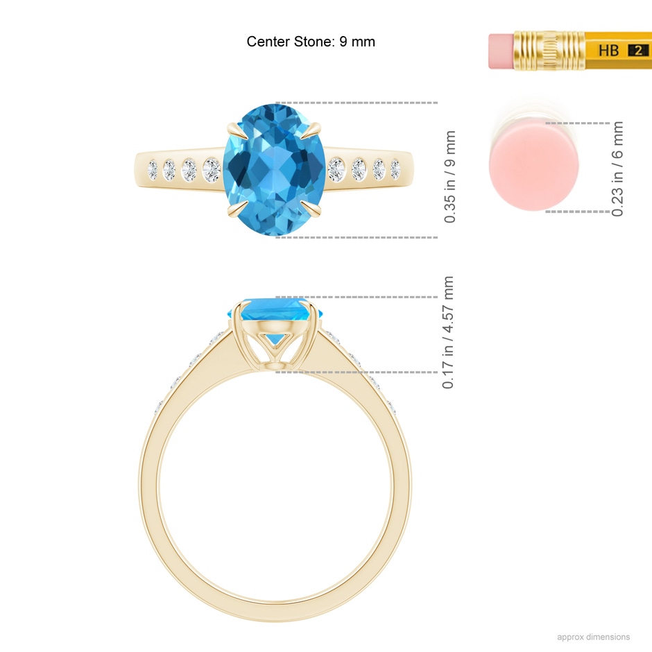 9x7mm AAA Oval Swiss Blue Topaz Ring with Flush-Set Diamonds in Yellow Gold ruler