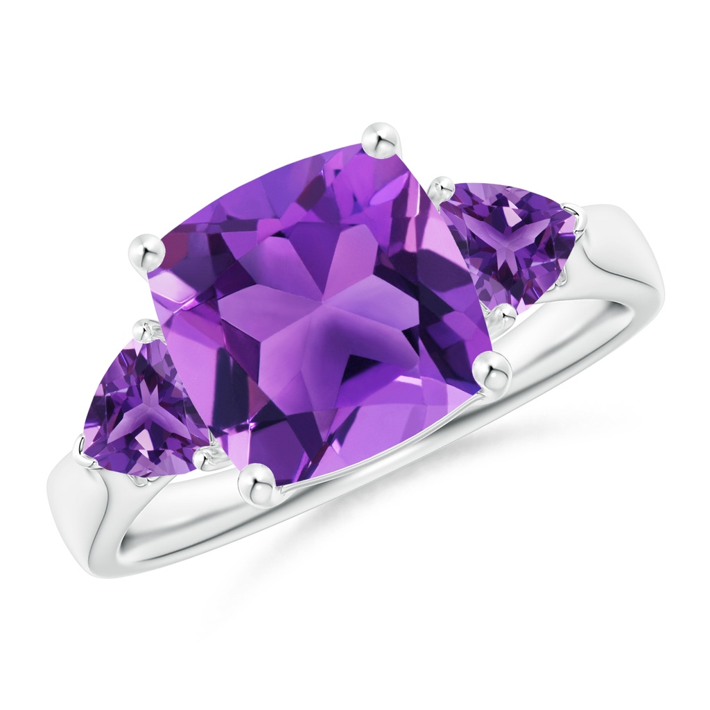 9mm AAA Cushion and Trillion Amethyst Three Stone Ring in White Gold