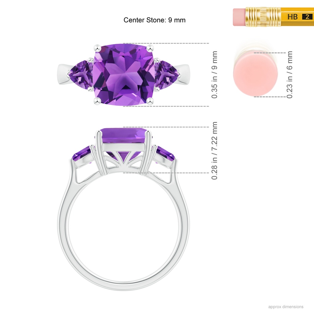 9mm AAA Cushion and Trillion Amethyst Three Stone Ring in White Gold Ruler