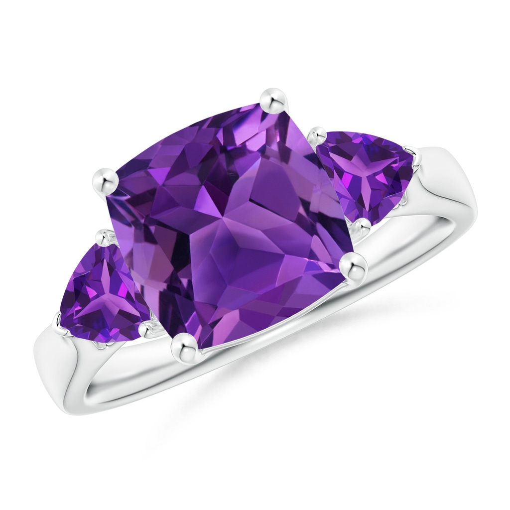 9mm AAAA Cushion and Trillion Amethyst Three Stone Ring in White Gold