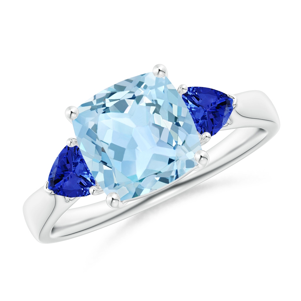 8mm AAA Cushion Aquamarine and Trillion Tanzanite Three Stone Ring in White Gold