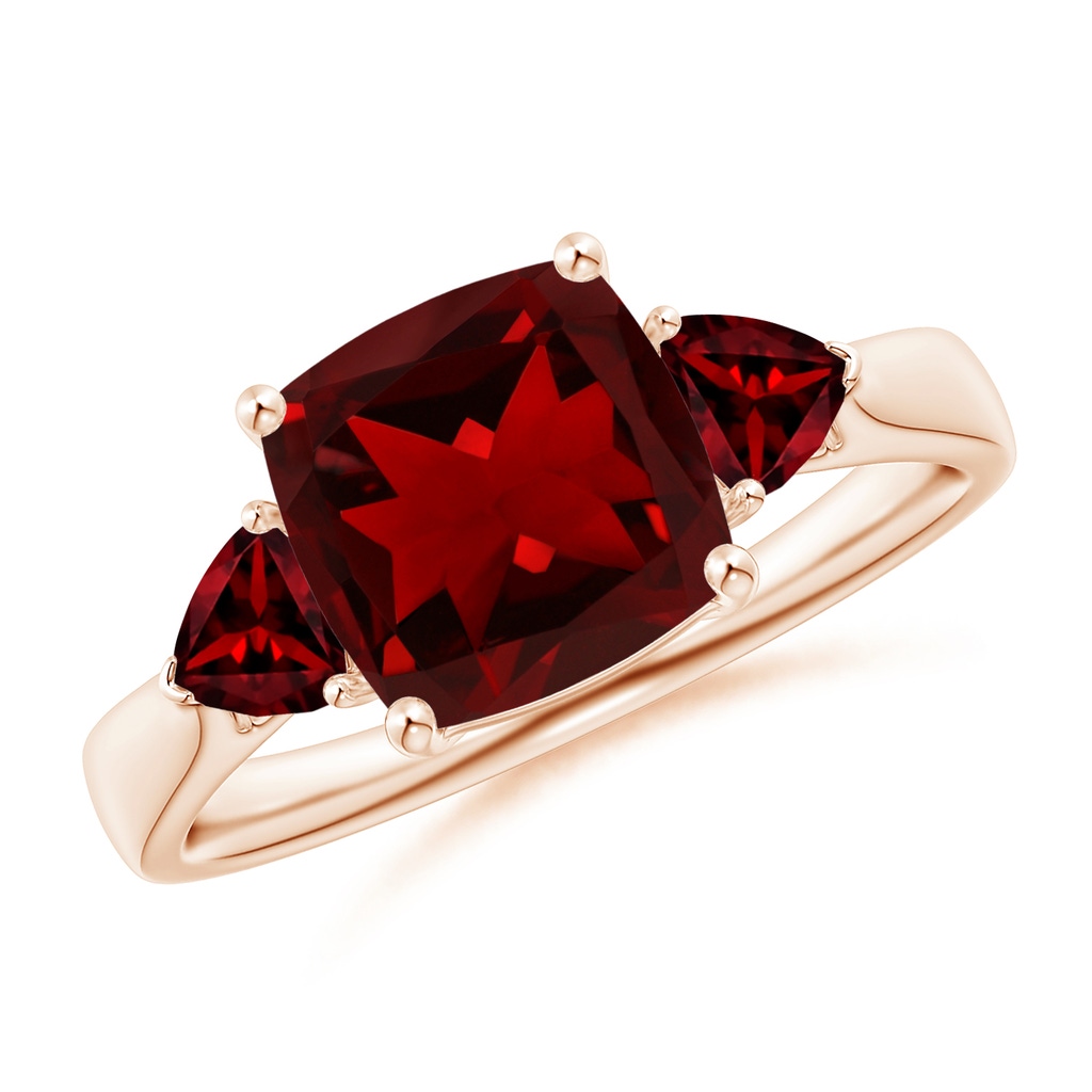 8mm AAAA Cushion and Trillion Garnet Three Stone Ring in Rose Gold