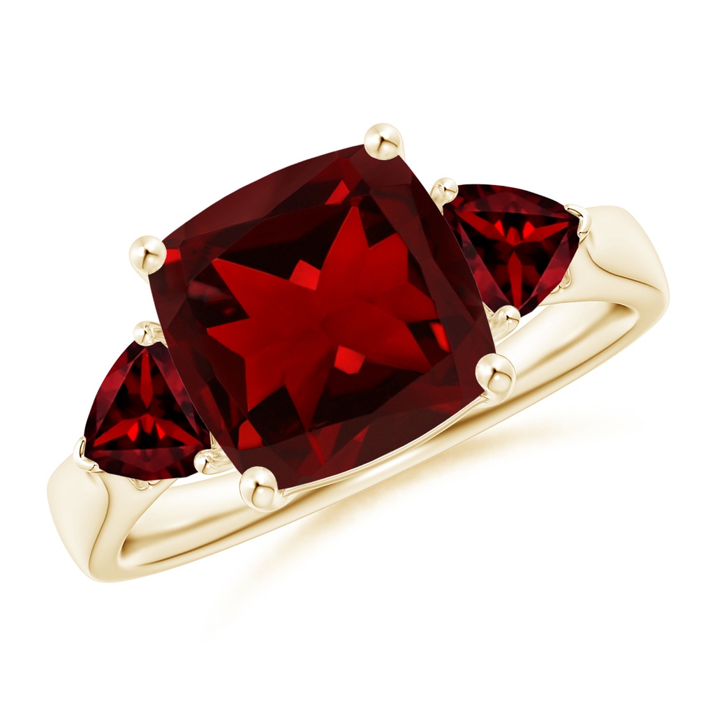 9mm AAAA Cushion and Trillion Garnet Three Stone Ring in Yellow Gold