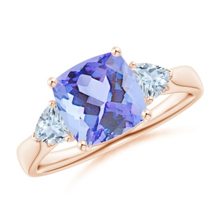 8mm A Cushion Tanzanite and Trillion Aquamarine Three Stone Ring in Rose Gold