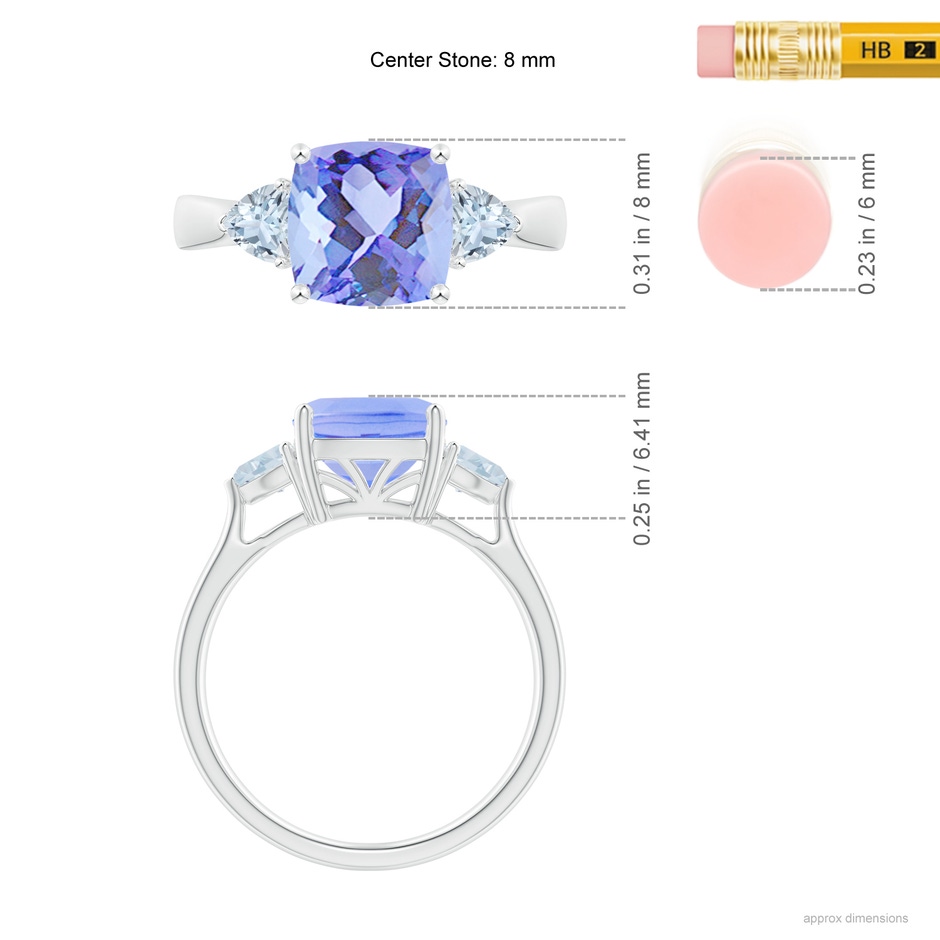 8mm A Cushion Tanzanite and Trillion Aquamarine Three Stone Ring in White Gold ruler