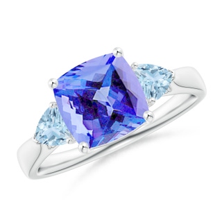 8mm AA Cushion Tanzanite and Trillion Aquamarine Three Stone Ring in P950 Platinum