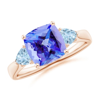 8mm AA Cushion Tanzanite and Trillion Aquamarine Three Stone Ring in Rose Gold