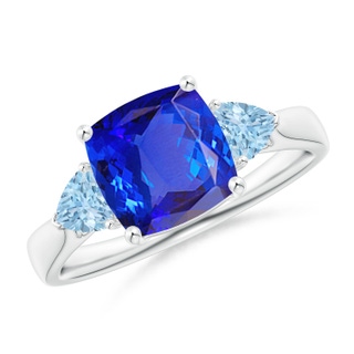 8mm AAA Cushion Tanzanite and Trillion Aquamarine Three Stone Ring in P950 Platinum