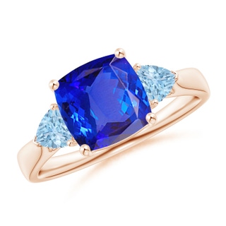 8mm AAA Cushion Tanzanite and Trillion Aquamarine Three Stone Ring in Rose Gold