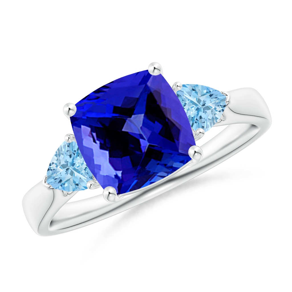 8mm AAAA Cushion Tanzanite and Trillion Aquamarine Three Stone Ring in P950 Platinum