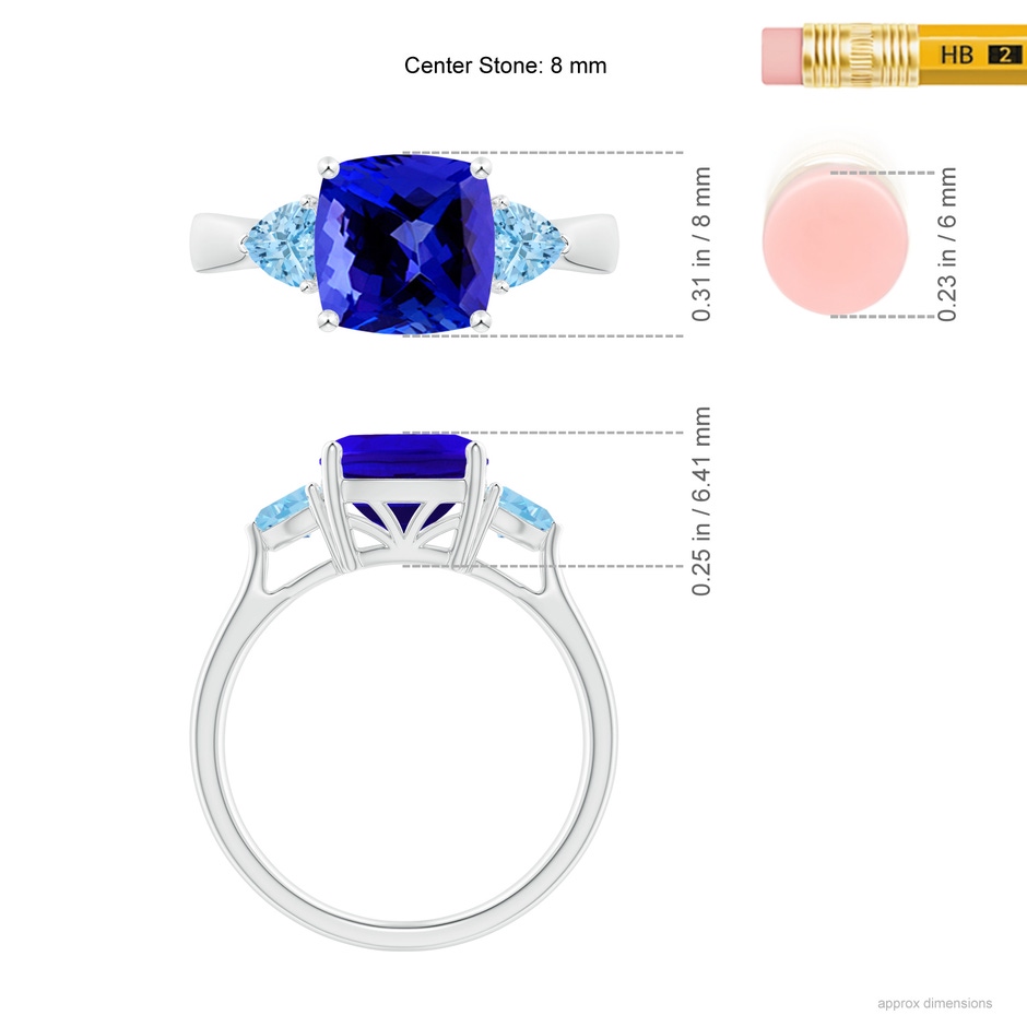 8mm AAAA Cushion Tanzanite and Trillion Aquamarine Three Stone Ring in P950 Platinum ruler