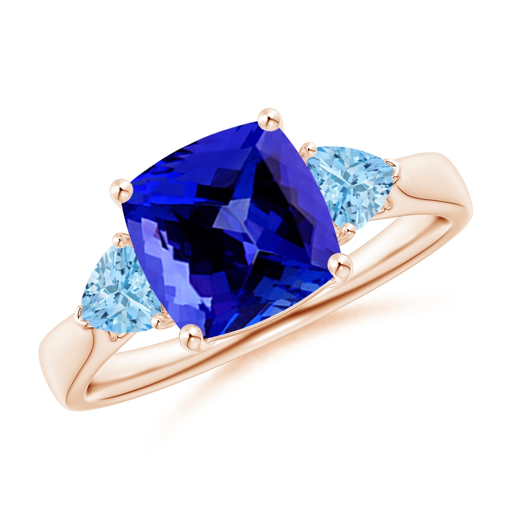 8mm AAAA Cushion Tanzanite and Trillion Aquamarine Three Stone Ring in Rose Gold