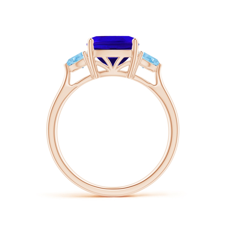 8mm AAAA Cushion Tanzanite and Trillion Aquamarine Three Stone Ring in Rose Gold side 1