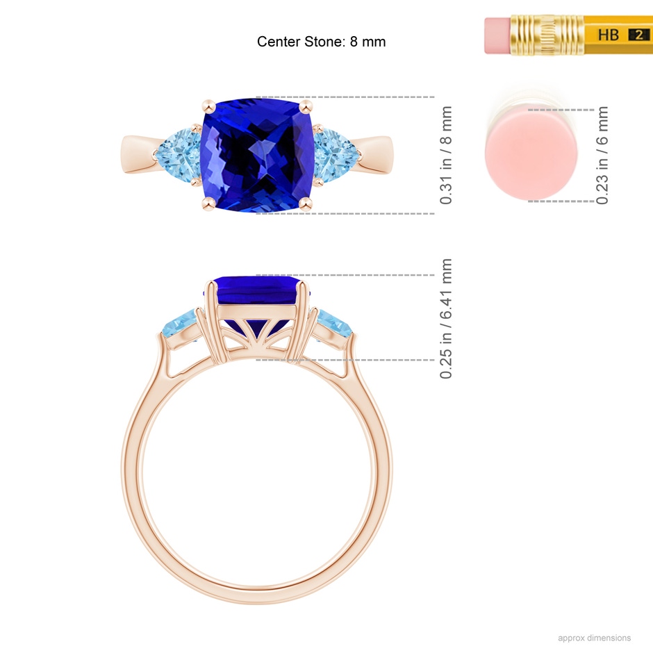 8mm AAAA Cushion Tanzanite and Trillion Aquamarine Three Stone Ring in Rose Gold ruler