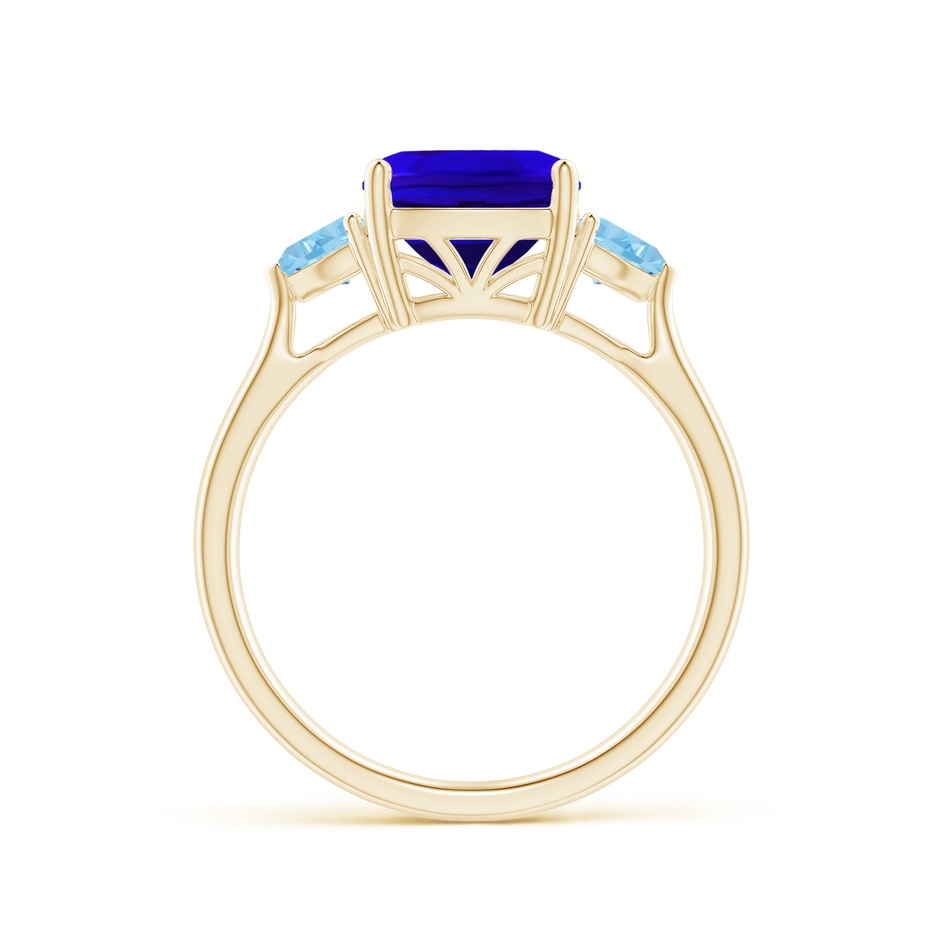 8mm AAAA Cushion Tanzanite and Trillion Aquamarine Three Stone Ring in Yellow Gold side 1