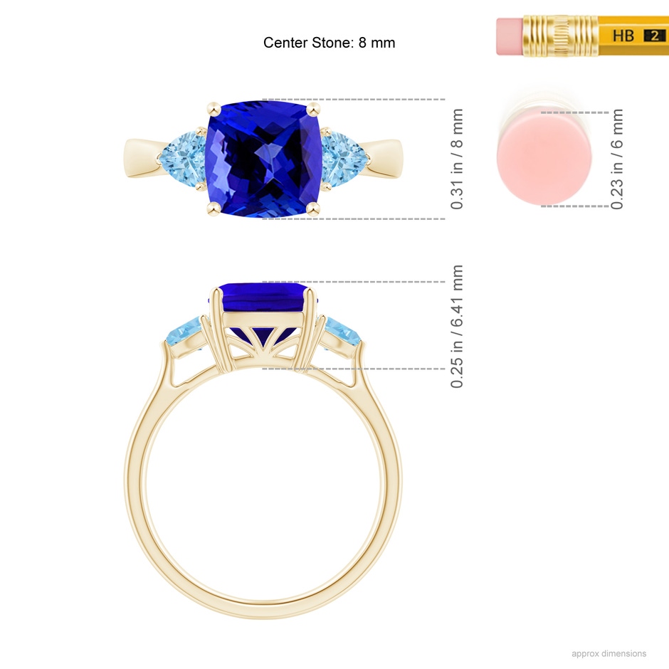 8mm AAAA Cushion Tanzanite and Trillion Aquamarine Three Stone Ring in Yellow Gold ruler